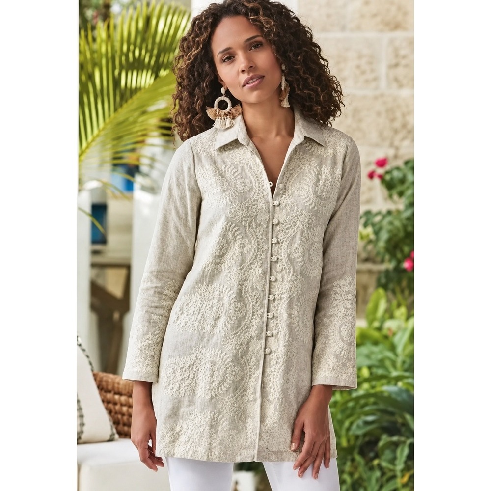 Soft Surroundings Kamal Embroidered Tunic Mother of Pearl Buttons Tan Large